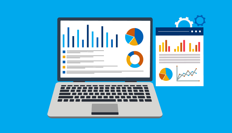 illustration of laptop and report of business charts