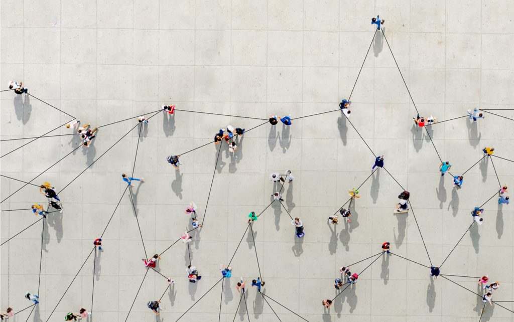 overhead view of crowd connected like network