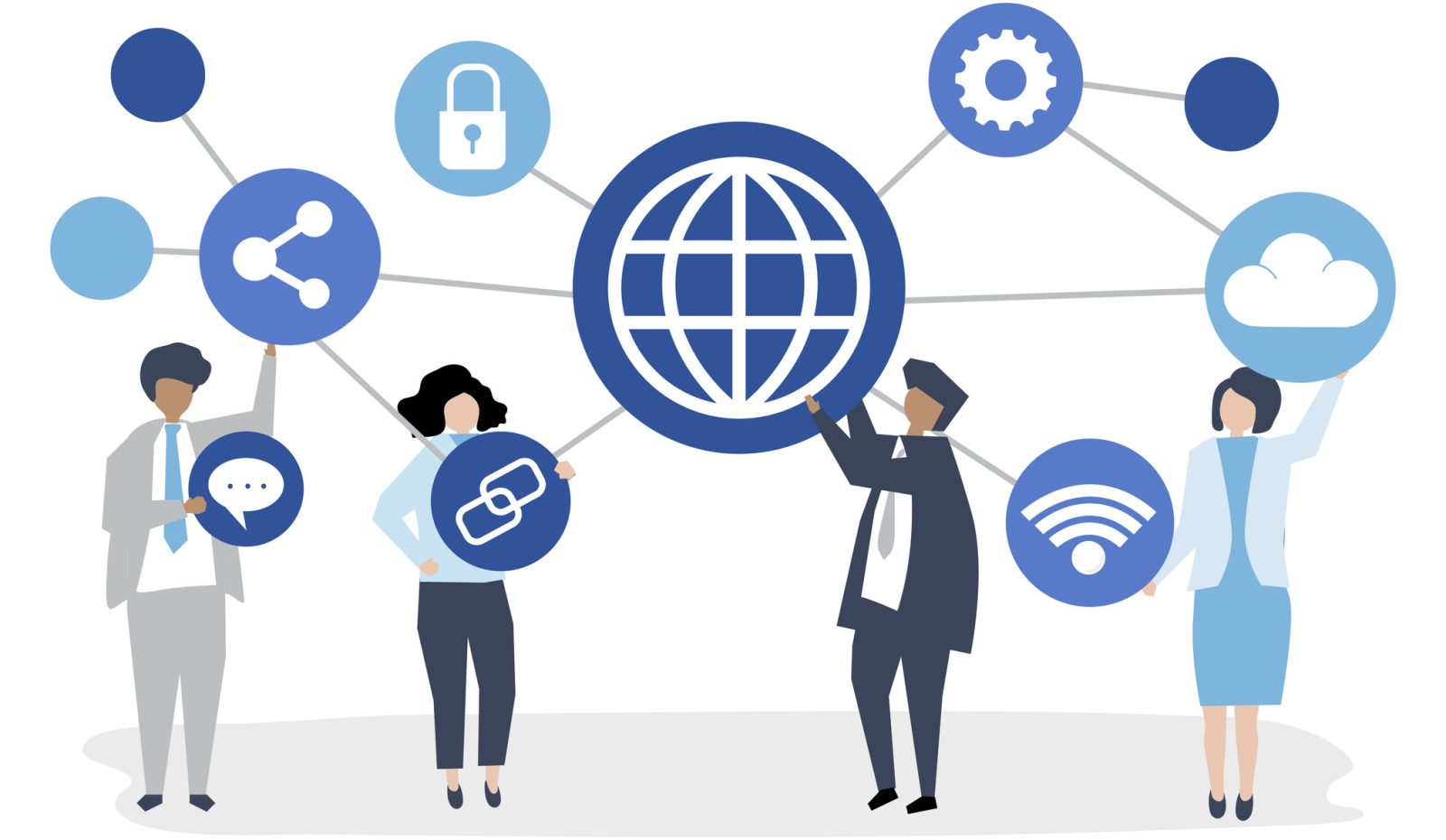 Character illustration of business people with connection icons