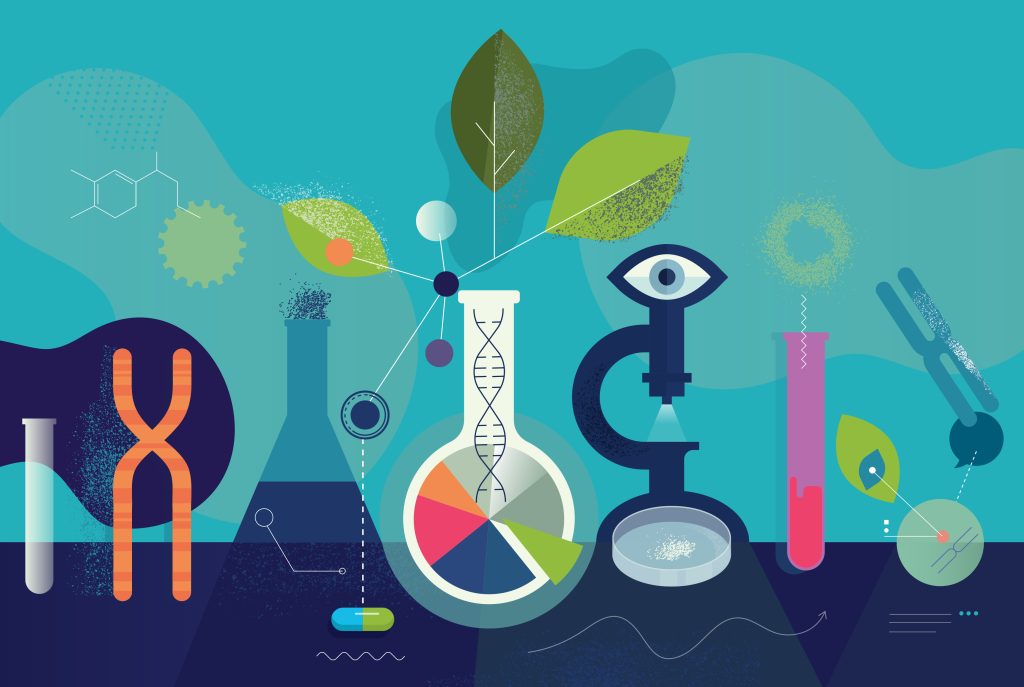 Vector flat style illustration depicting biomedical laboratory research concept including handmade textures.