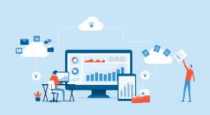 business technology cloud computing service with developer team working concept illustration