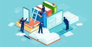 Vector of people reading books using modern technology.