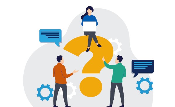 Graphic illustration of workers providing feedback and questions to each other