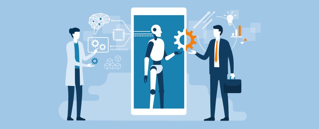 Graphic illustration of Scientist, AI robot and businessman working together