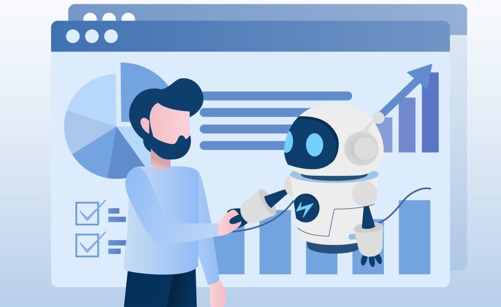 Graphic illustration of Handshake between human and robot contracting convention agreement.