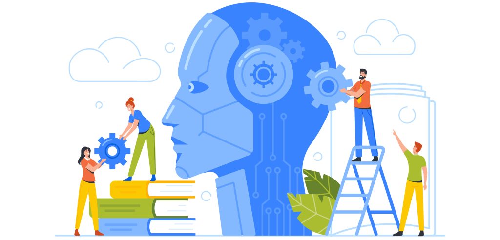 Graphic illustration representing group of workers overcoming a thought provoking challenge based around AI