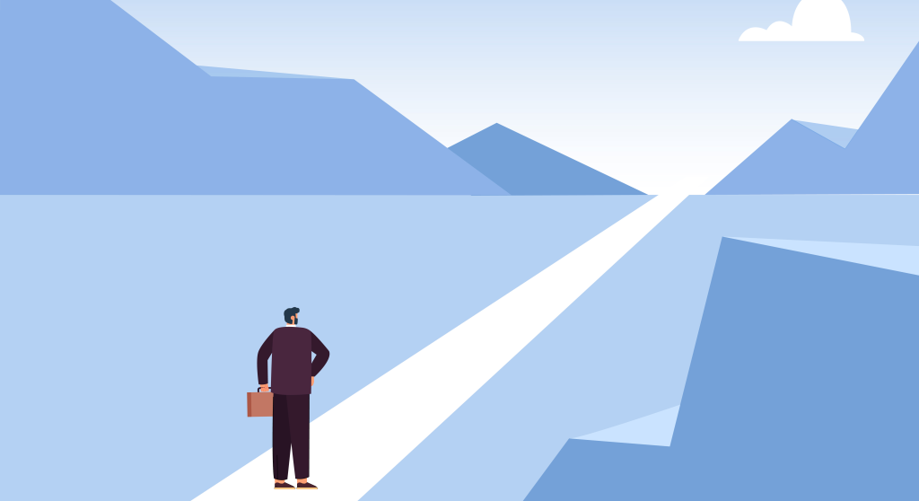 Graphic illustration of a worker walking a straight path to his goal