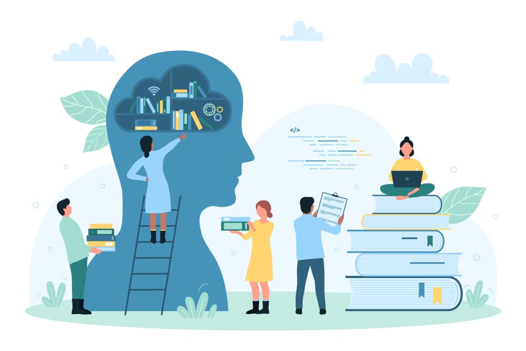 illustration students study with books from bookshelf inside head