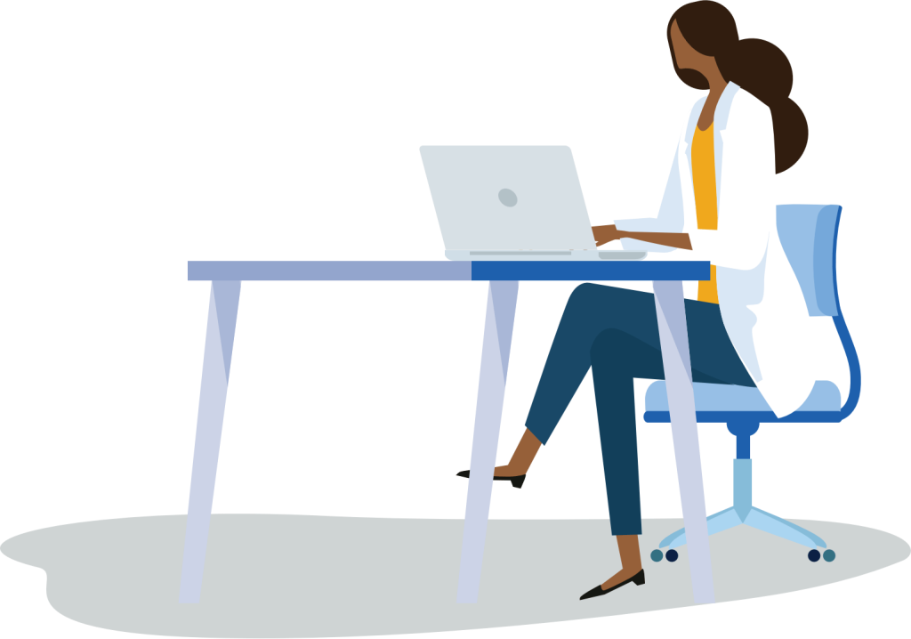 Illustration of worker in lab coat typing on laptop