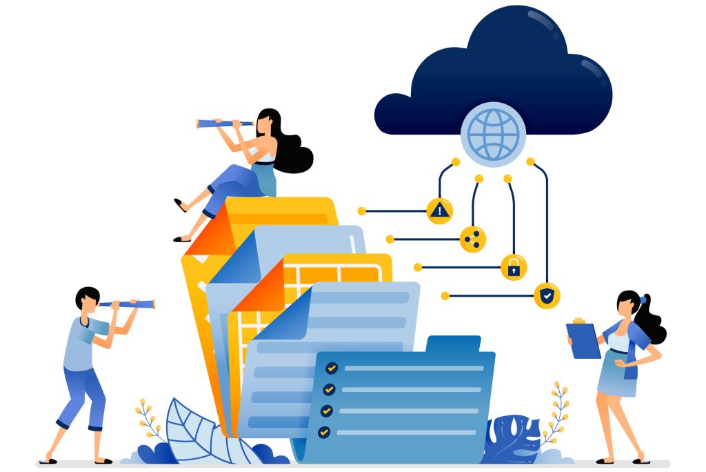 Illustration of storage and access of corporate document reports to cloud internet service