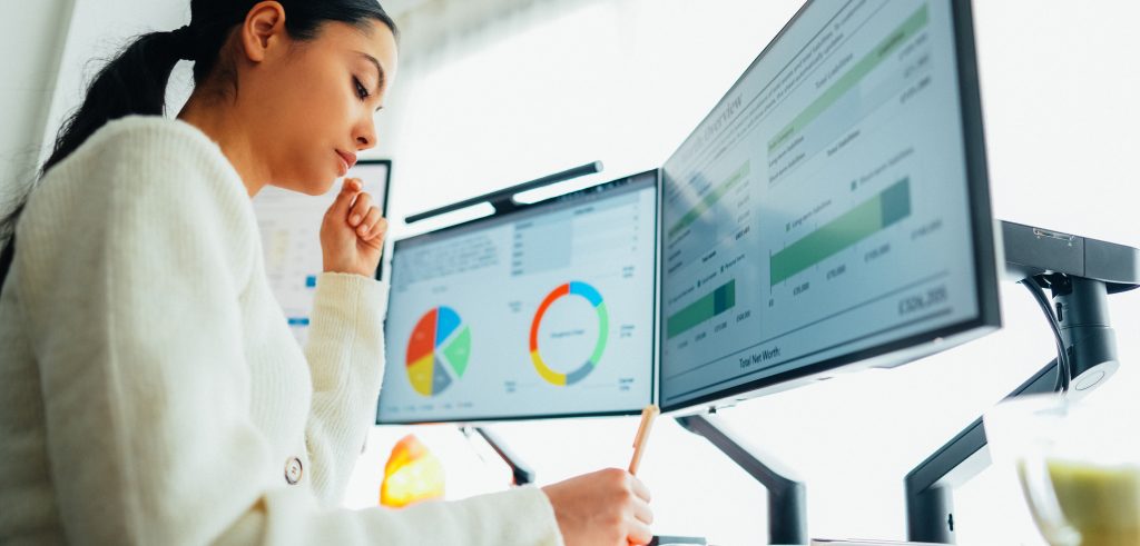 Woman working at home on standing desk