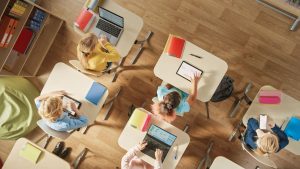 overhead view of students learning in a classroom