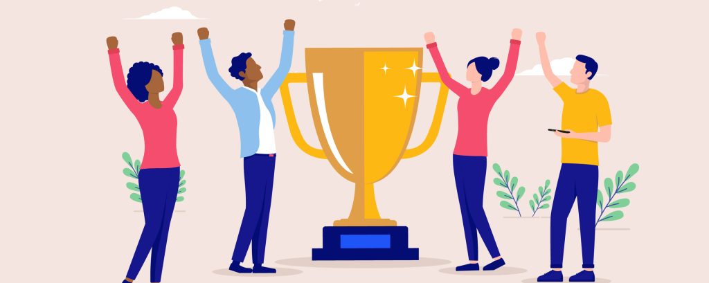 Diverse team cheering and celebrating success and winning. Flat design vector illustration