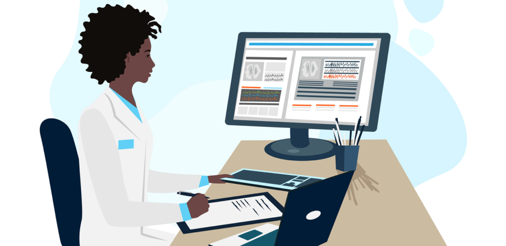 scientific literature doctor on laptop at hospital