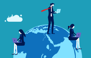 customers using laptops to research articles around the world
