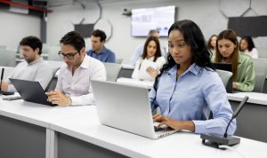 office workers on laptops