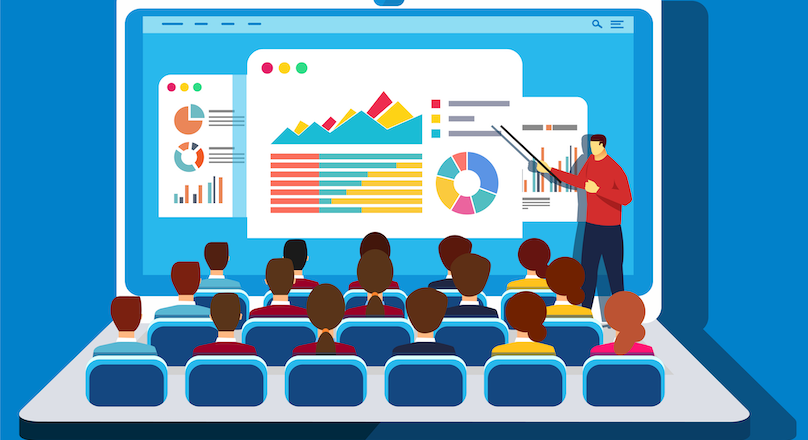 man presenting big charts and about AI