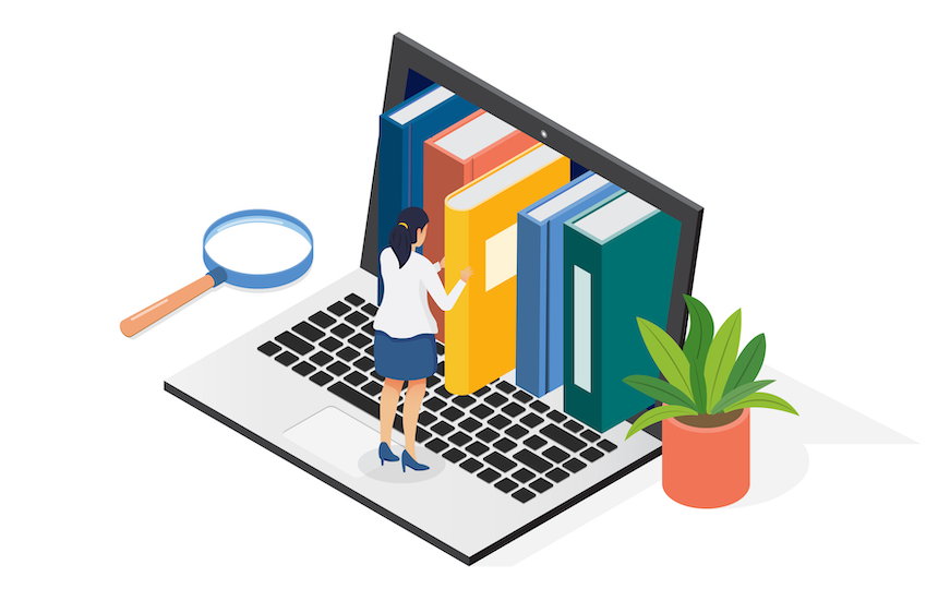 illustration of female opening digital library of books and research