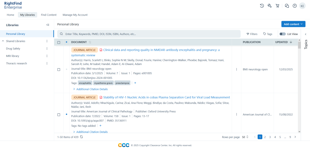 image of various article results in rightfind enterprise libraries