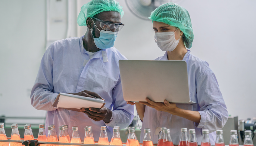 science workers discussing food & beverage