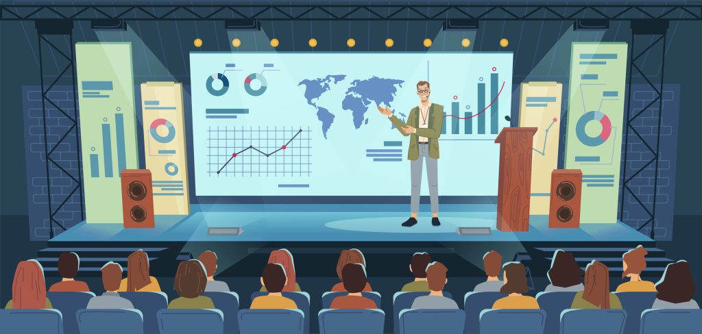 employee giving presentation at conference