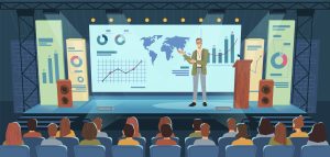 employee giving presentation at conference