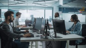 employees at desks using AI on laptops