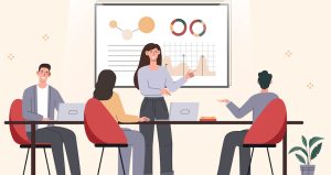 office full of employees reading charts and trends