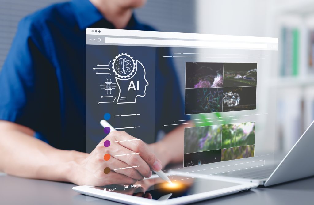 man at desk creating research documents using AI