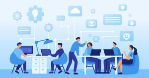 employees using computers to research and working to train AI chatbots