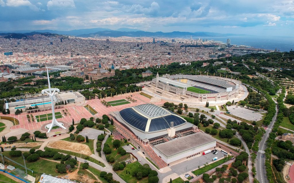 overhead shot of sports buildings and stadiums in barcelona, Spain