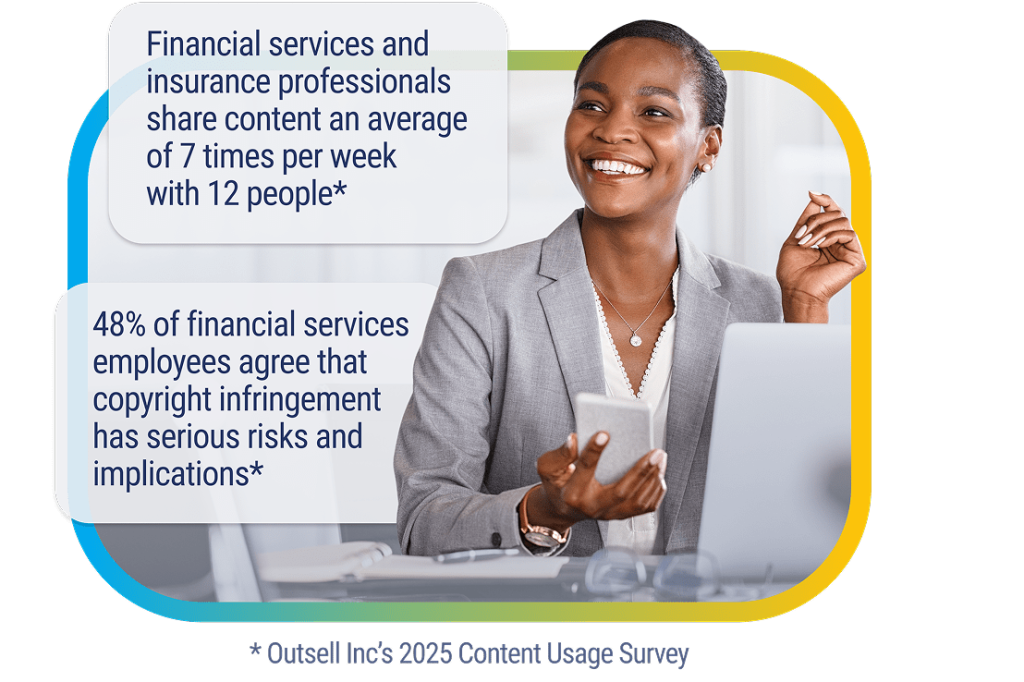 From Outsell Inc’s 2025 Content Usage Survey: Financial services and insurance professionals share content an average of 7 times per week with 12 people; 48% of financial services employees agree that copyright infringement has serious risks and implications